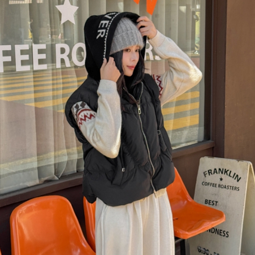 레터링 Knitwear Hood 조끼패딩