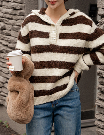 Snacks Horizontal Striped Button Hood Wool Knitwear Korea