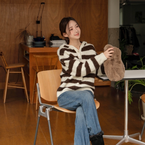 Snacks Horizontal Striped Button Hood Wool Knitwear