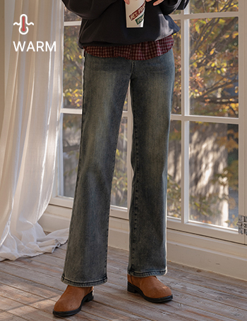 Trendy Washing Wide Fleece lined Denim Pants Korea