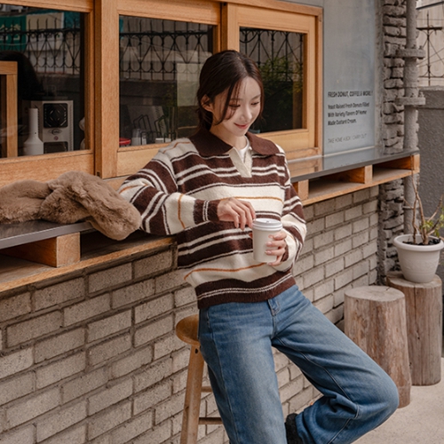 Coco Horizontal Striped Slit Wool V Knitwear