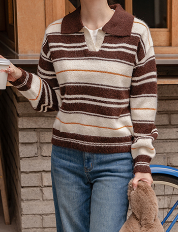 Coco Horizontal Striped Slit Wool V Knitwear Korea