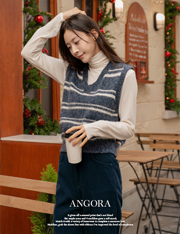 Angora Hairy Horizontal Striped Wool Knitwear Vest Korea