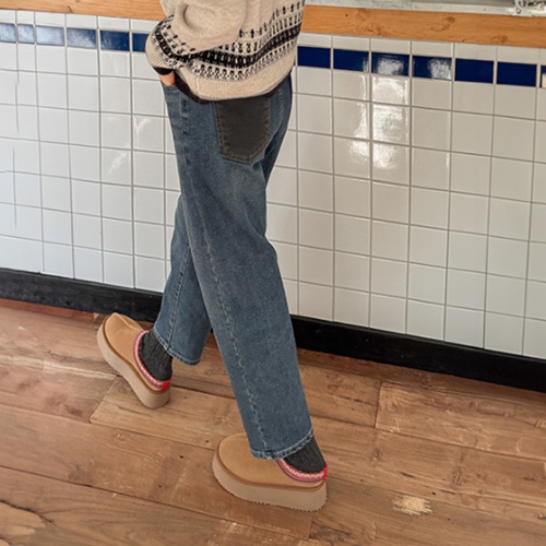 Unbalanced Back Pocket Fleece lined Denim Pants