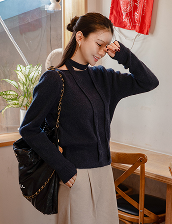 Angora Boat Neck Tie Button Knitwear Korea