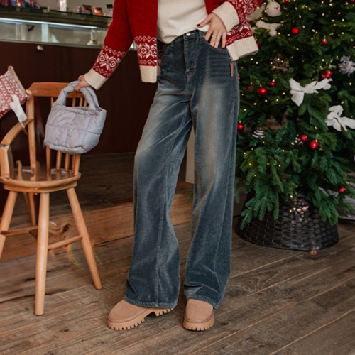 Deep Velvet Wide Fleece lined Denim Pants