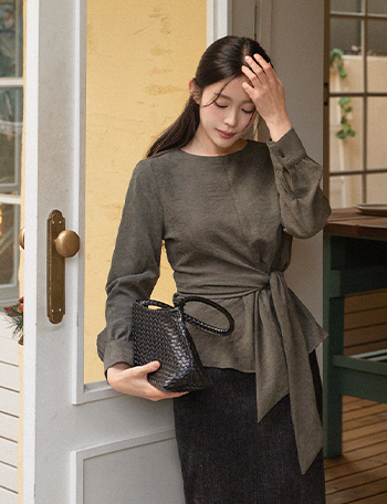 Shooming Suede Waist Tie Blouse Korea