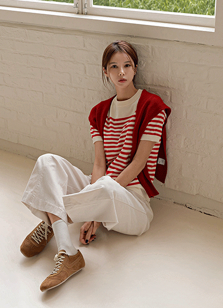Essential  horizontal striped short-sleeved knitwear Korea