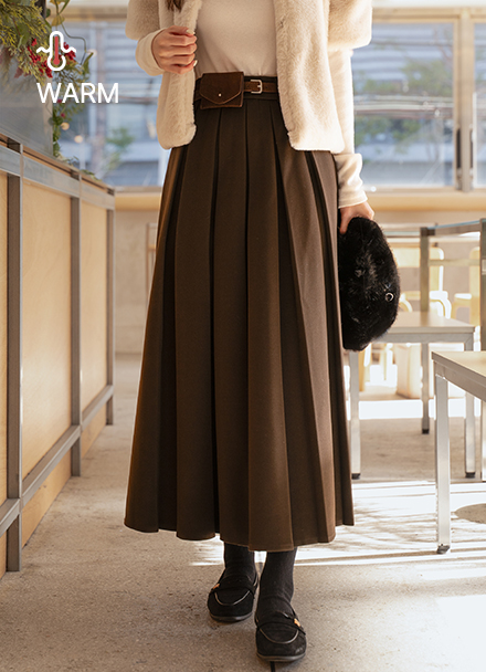 Eve Pleats Belt Set Fleece Lined Skirt Korea