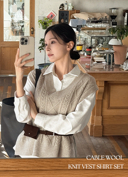 Cable Wool Knitwear Vest Shirt Set Korea