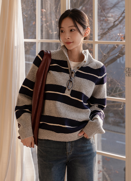 Horizontal striped Button Highneck Turtleneck Knitwear Korea
