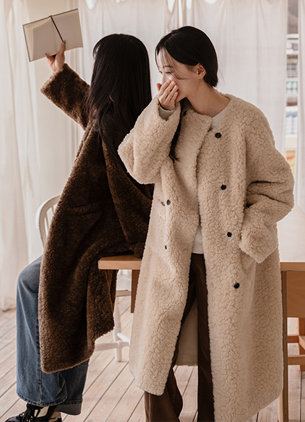 No collar Wool double Wool Long Coat Korea