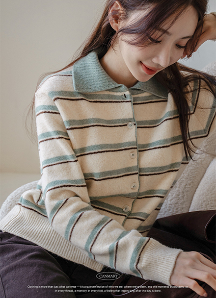 Scone Horizontal Striped Wool Collar Knit Cardigan Korea