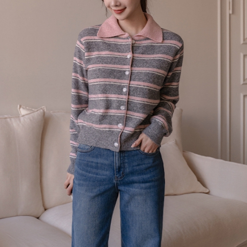 Scone Horizontal Striped Wool Collar Knit Cardigan