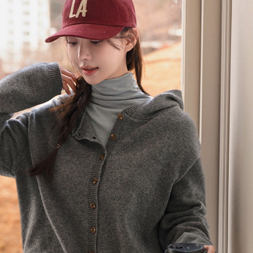 Button Wool Hood Knitwear Cardigan