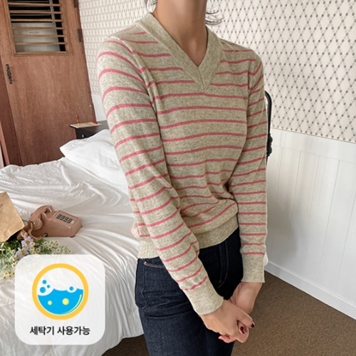 [valyou] Washable Wool Cashmere V-Neck Horizontal Striped Knitwear
