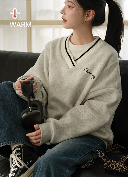 Ring Fleece Lined Knit V Sweatshirt Korea