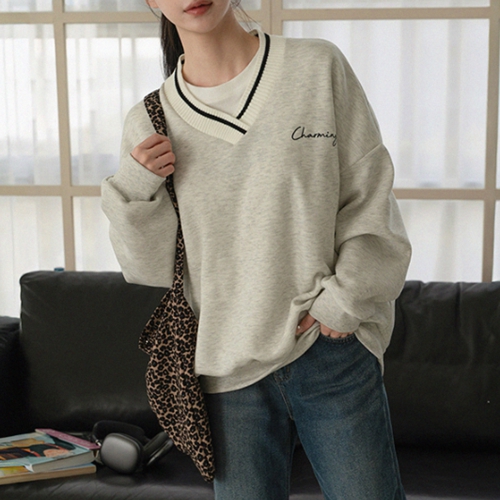 Ring Fleece Lined Knit V Sweatshirt
