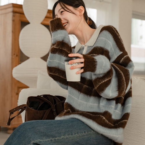 Over Brush Horizontal Striped Collar Knitwear