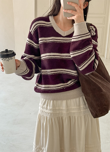 Sunday Stripe Wool V Knitwear Korea