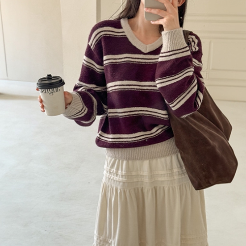 Sunday Stripe Wool V Knitwear