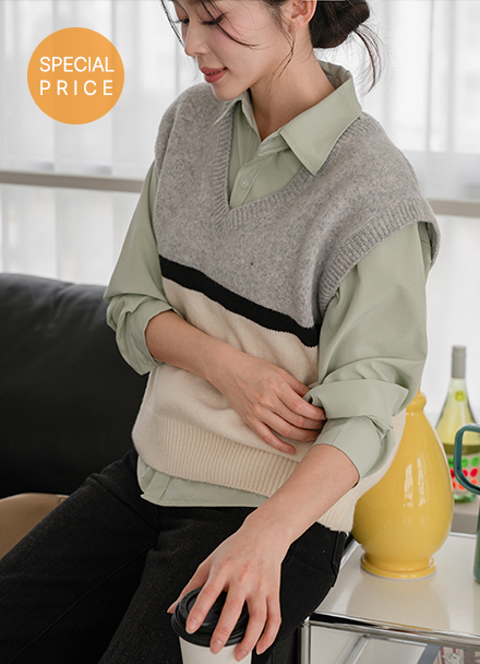 [Special Sale] Line Color Matching Wool Knitwear Vest Korea