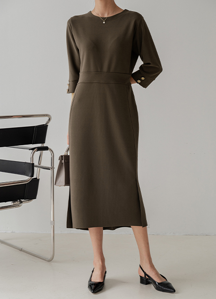 Autumn Sleeve Gold Button Dress Korea