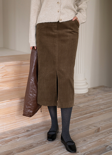 Terry Corduroy Front Slit Skirt Korea