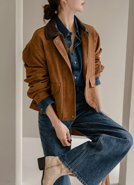 Leather Collar Suede Jacket Korea