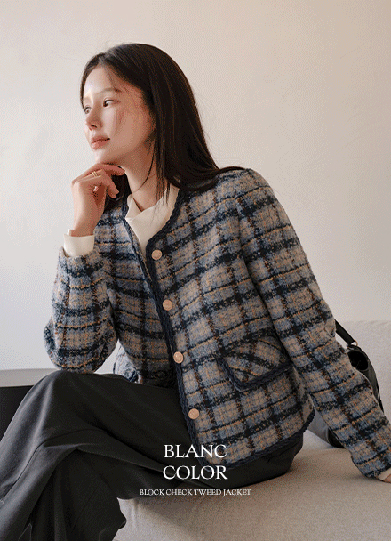 Blanc Color Matching Check Tweed Jacket Korea