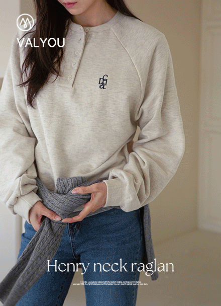 [valyou] Henley-neck Raglan Embroidered Sweatshirt Korea