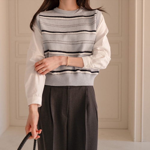 Stripe Knitwear Vest Layered Shirt