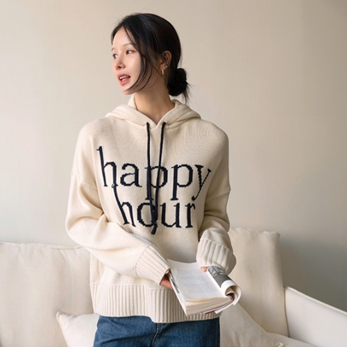 Happy Lettering Color Matching Hood Knitwear