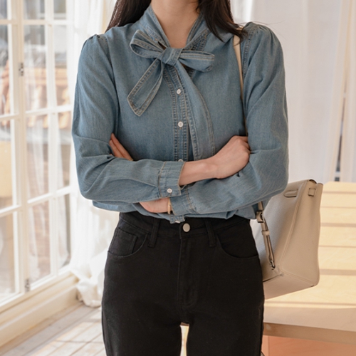 Ribbon Denim Blouse