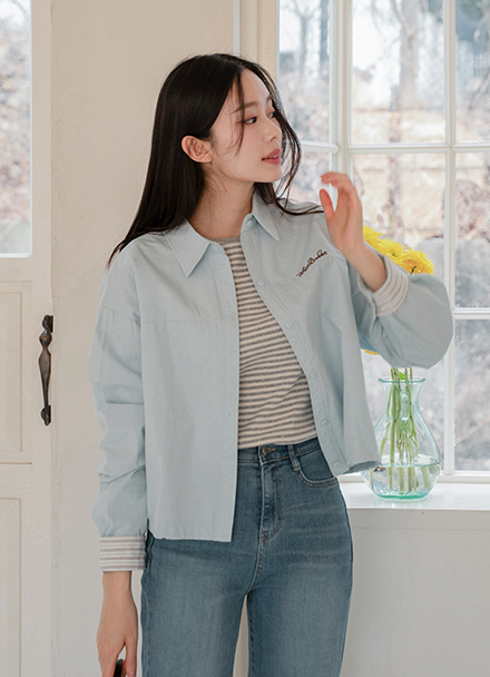 Sleeve Color Matching Embroidery Strap Shirt Korea