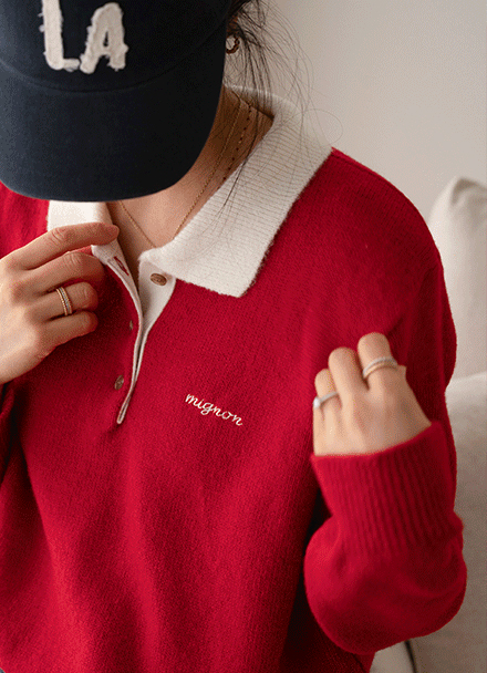 Dreaming Color Matching Collar Embroidery Knitwear Korea