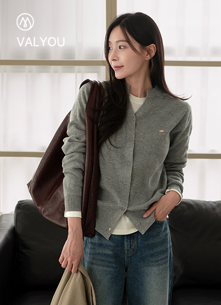 [valyou] Neck Slit Gold Logo Cardigan Korea