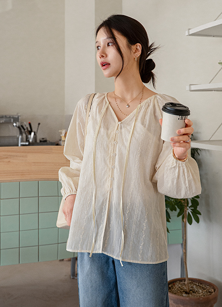 May Embroidery V-neck Blouse Korea