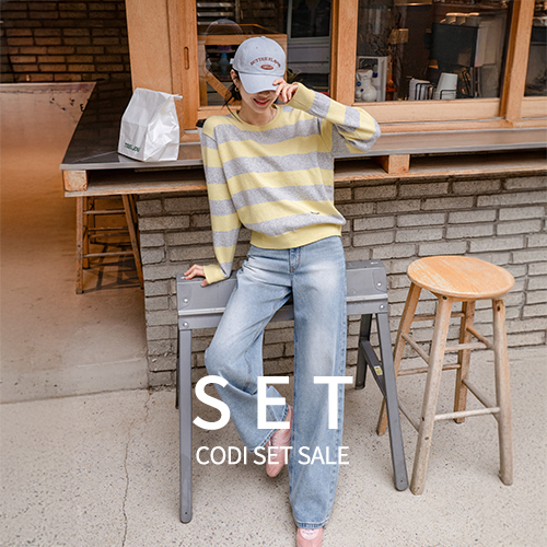 [코디set] 포지 자수 Stripe Knitwear+Long 로그 와이드 Denim Pants