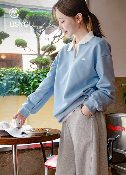 [USYOU] Color Matching Collar Embroidery Sweatshirt Korea