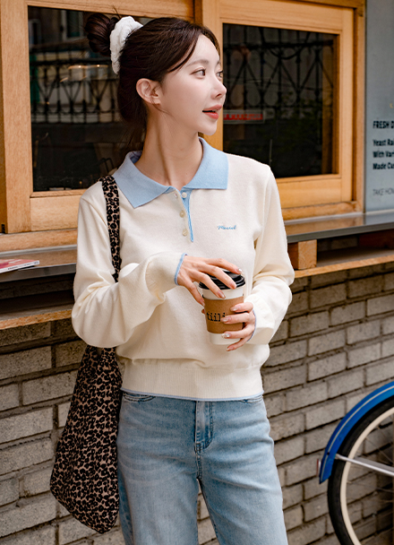 Basic Color Matching Collar Embroidery Knitwear Korea