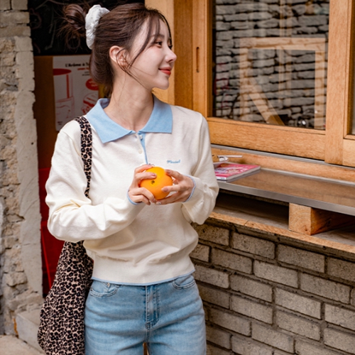 Basic Color Matching Collar Embroidery Knitwear