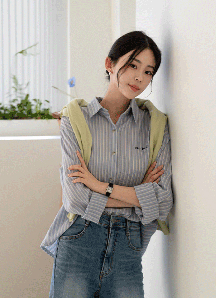 Lettering Embroidery Stripe Shirt Korea