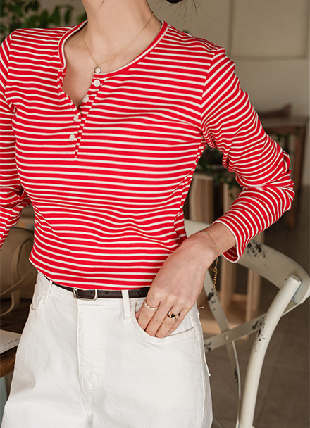 Crayon Stripe Henley Neck T-shirt Korea