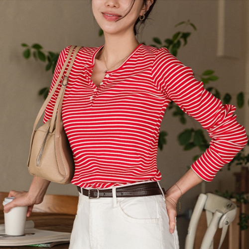 Crayon Stripe Henley Neck T-shirt