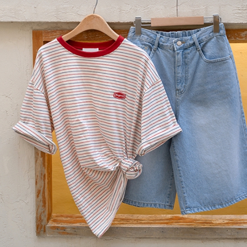 Color Matching horizontal striped 오버 T-shirt
