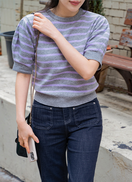 Puff Sleeve Stripe Short-sleeve Knitwear Korea