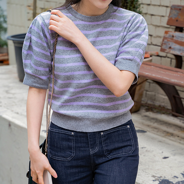 Puff Sleeve Stripe Short-sleeve Knitwear