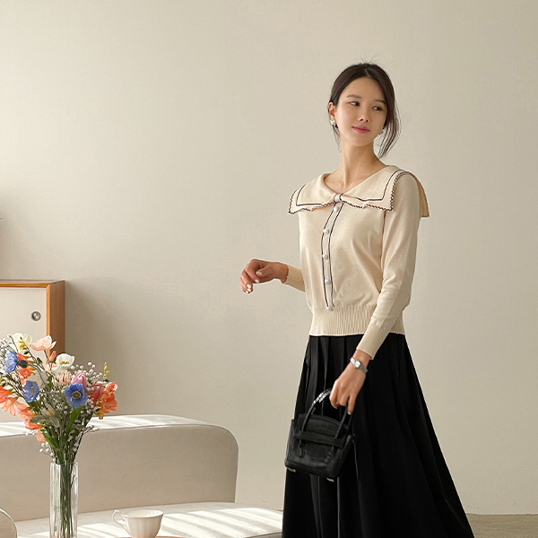 Elegant Ribbon Collar Knitwear