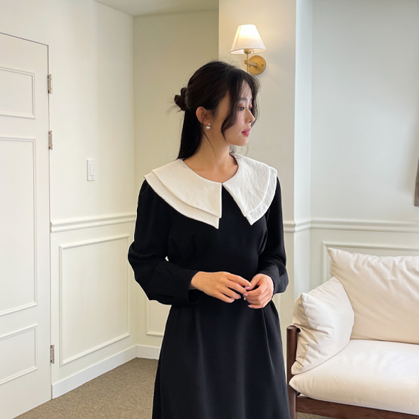 Big collar waist strap pin tuck dress